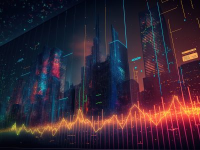 Financial chart hologram on the outside background of a modern business center, the concept of research and strategy in neon design. AI
