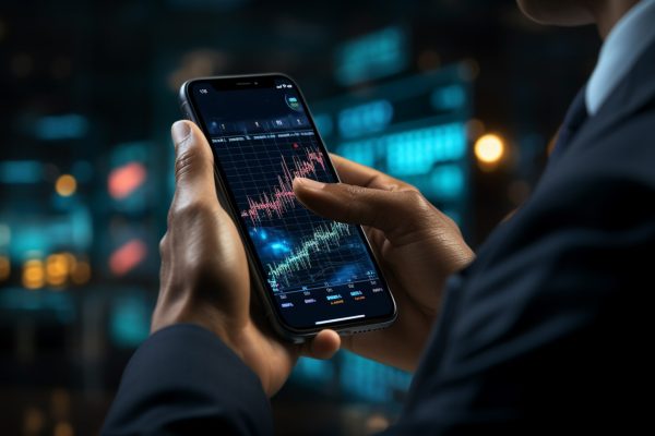 Stock market on the screen of the phone and in the background. Stock analysis and currency exchange. High quality photo
