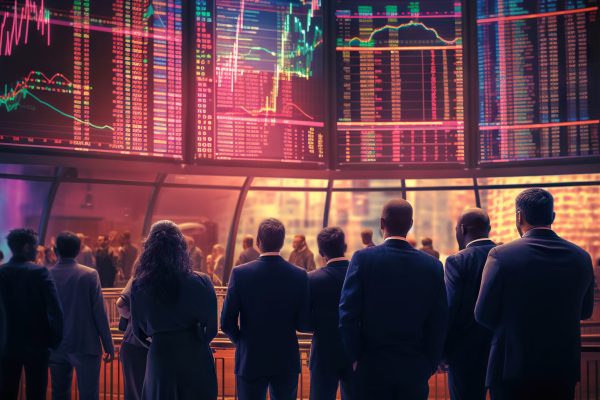 Stock traders from behind looking at financial graph on big screen. Equity or share trading concept. Generative AI.